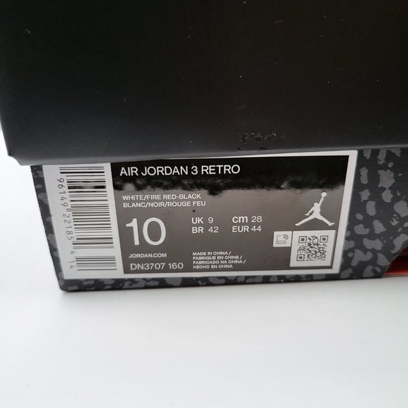 NEW Men's Sz 10 Jordan 3 Retro "Fire Red" Shoes - DN3707-160 - Picture 10 of 10